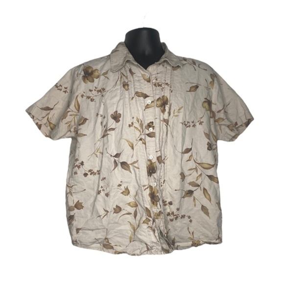 Kathy Ireland Floral Leaf Print Button Up Shirt (Size: XL, Color: Taupe/Khaki) - Picture 1 of 3